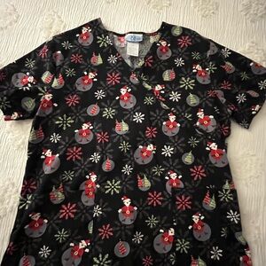 SB Scrubs Black Top with Santa and Snowflakes